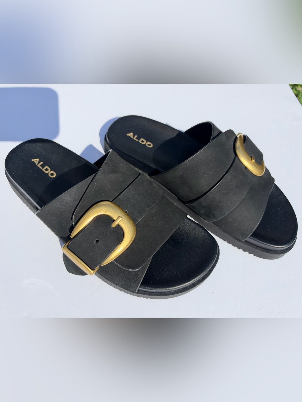 NWT🌷ALDO Black Suede Slide Sandals with Brass Metal Buckle Detail